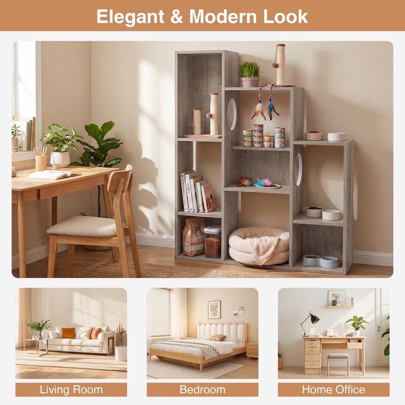 Gymax Modern Cat Bookshelf w/ 2 Round Holes Anti-Tipping Device for