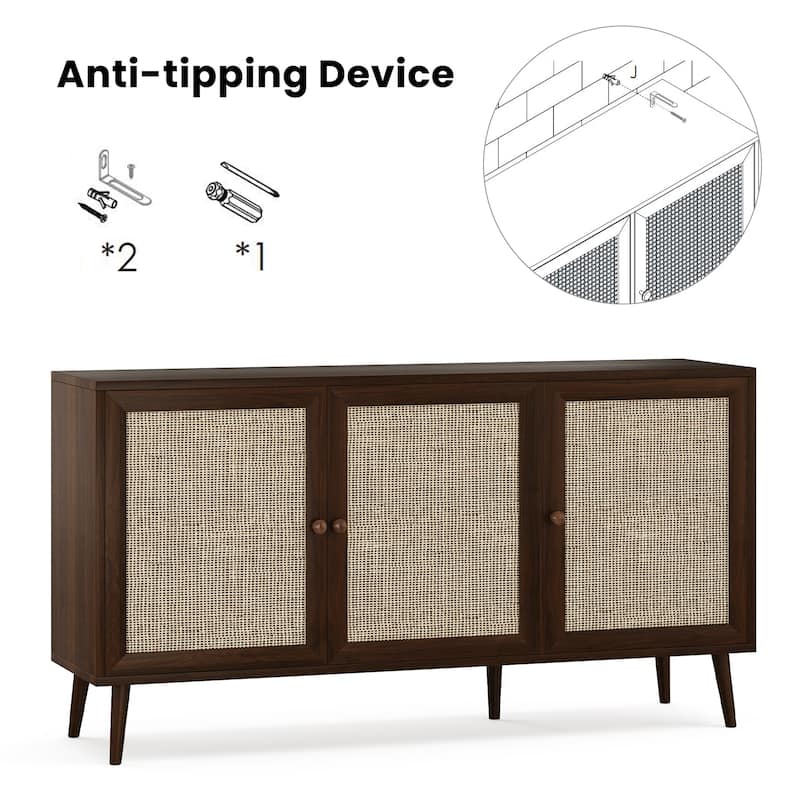 Sideboard Buffet Cabinet with 3 Rattan Doors,Modern Kitchen Storage Console Cabinet for Entryway Living Room (Large)