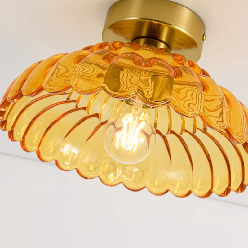 1-Light Vintage Brass Finish Metal Semi-Flush Mount Ceiling Light with Amber/Green/Grey/Clear Glass Shade for Kitchen