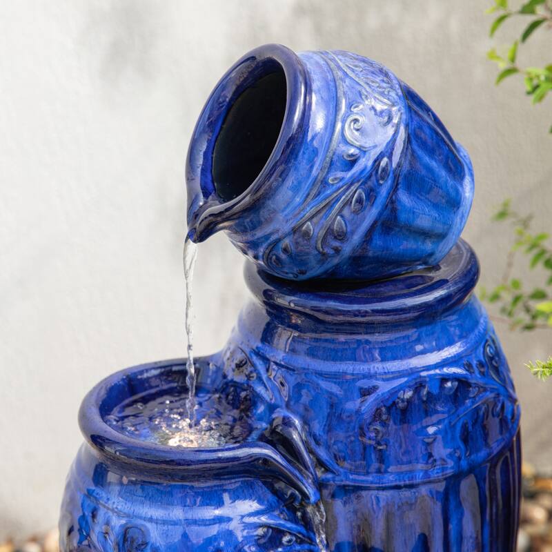 Glitzhome 27"H/35"H 4-Tier Embossed Pattern LED Ceramic Pots Fountain