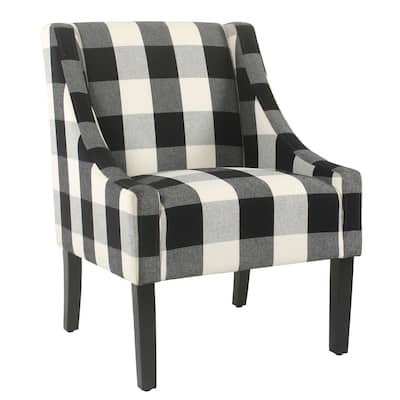Fabric Upholstered Wooden Accent Chair with Buffalo Plaid Pattern, Black and White - 35.25 H x 24.75 W x 27.5 L Inches