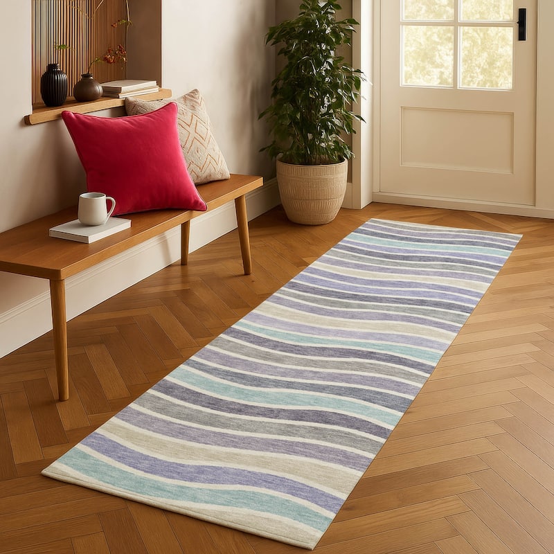 Machine Washable Indoor/ Outdoor Contemporary Stripe Chantille Rug