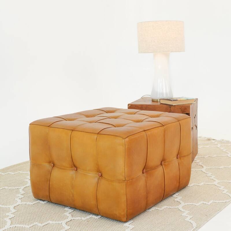 GDF Studio - Benjiro Modern Square 18" Genuine Leather Tufted Ottoman Coffee Table Bench
