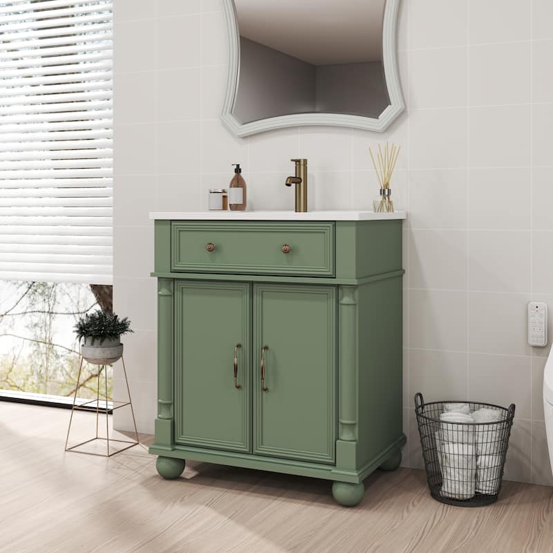 28"/36" Bathroom Vanity with Sink, Integrated Ceramic Basin Vanity Cabinet with Roman Column Base, Solid Wood Frame