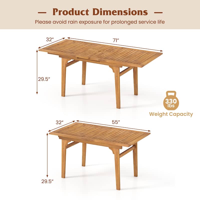 Natural Acacia Wood Extendable Patio Dining Table with Umbrella Hole - 55"/71" x 32" x 29.5" (L x W x H)