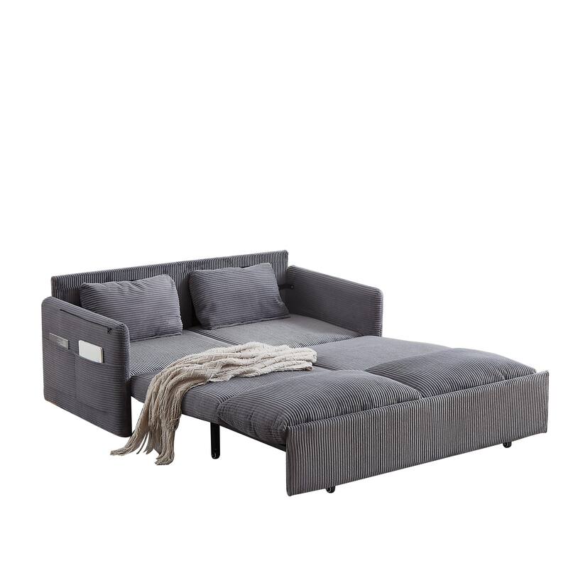 65" Corduroy 2-Seater Sleeper Sofa, 3-in-1 with Storage and Side Pocket