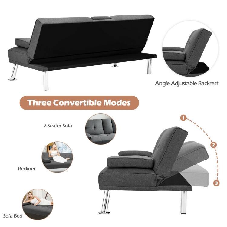 Convertible Folding Futon Sofa Bed Fabric with 2 Cup Holders - 66" x 31.5" x 29.5"