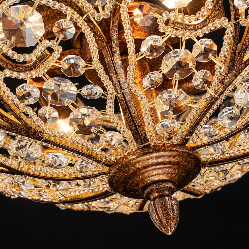 4-Light 14'' in. Glam Antique Bronze Crystal Semi Flush Mount - 14.2