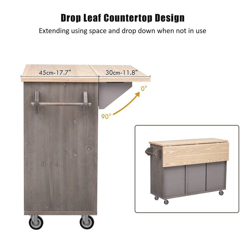 Kitchen Island on Wheels 51.2"W Geometric Twill Stripe Textured Kitchen Island with Drop Leaf Multifunctional Storage Cart