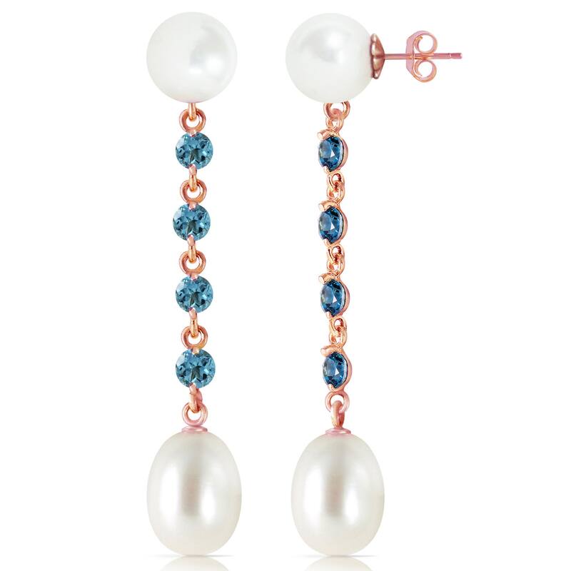 14K Solid Gold Chandelier Blue Topaz & Pearl Gemstone Earrings - Rose