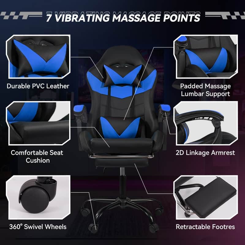 Gaming Chair Black-Blue - Ergonomic PU Seat w/Adjustable Armrests & Metal Legs​