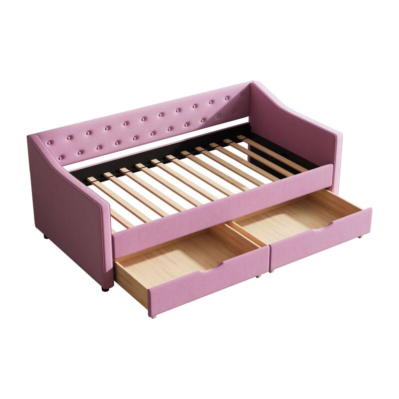 Twin Size Daybed with Drawers Upholstered Tufted Sofa Bed, with Button on Back and Piping on Waved Shape Arms