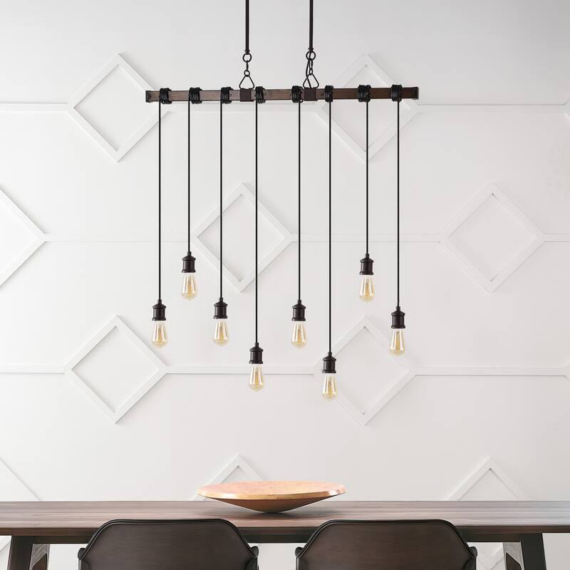 Zoey 40" 8-Light Vintage Driftwood Iron LED Linear Chandelier with Height Adjustable Bulbs, Brown Wood/Black , by JONATHAN Y