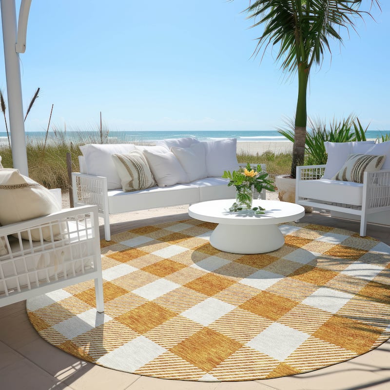 Machine Washable Indoor/ Outdoor Chantille Plaid Rug - Orange - 8' x 8'