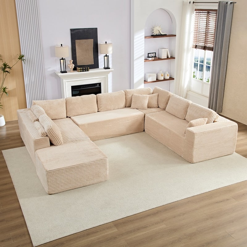 Corduroy 141'' Deep Seat Modular Sectional Sofa, Modern 8-Seater U-Shape Sofa Couch with Moveable Ottoman