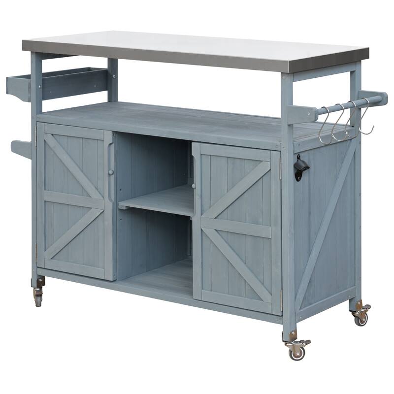 Outdoor Kitchen Island, Rolling Bar Cart & Storage Cabinet, Solid Wood Outdoor Grill Table with Stainless Steel Top