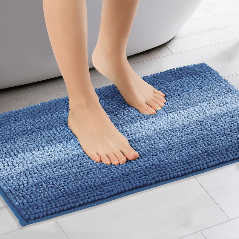 Contrasting Color Striped Bathroom Rugs, Non-Slip Plush Shaggy Bath Carpet, Bath Mats - Navy Blue - 20" x 32"