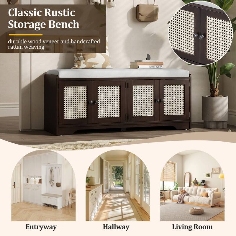 Rustic 47.4" Storage Bench Multifunctional Wooden Entryway Organizer with Removable Cushion and Rattan Doors