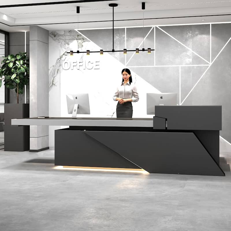 Black L Shaped Office Industrial Executive Desk with Cable Box Socket and LED Light