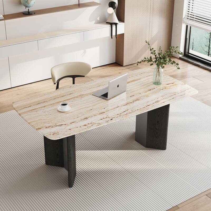 Modern 63" Retangular Wrining Desk, Faux Marble Table Top Desk With Double Legs