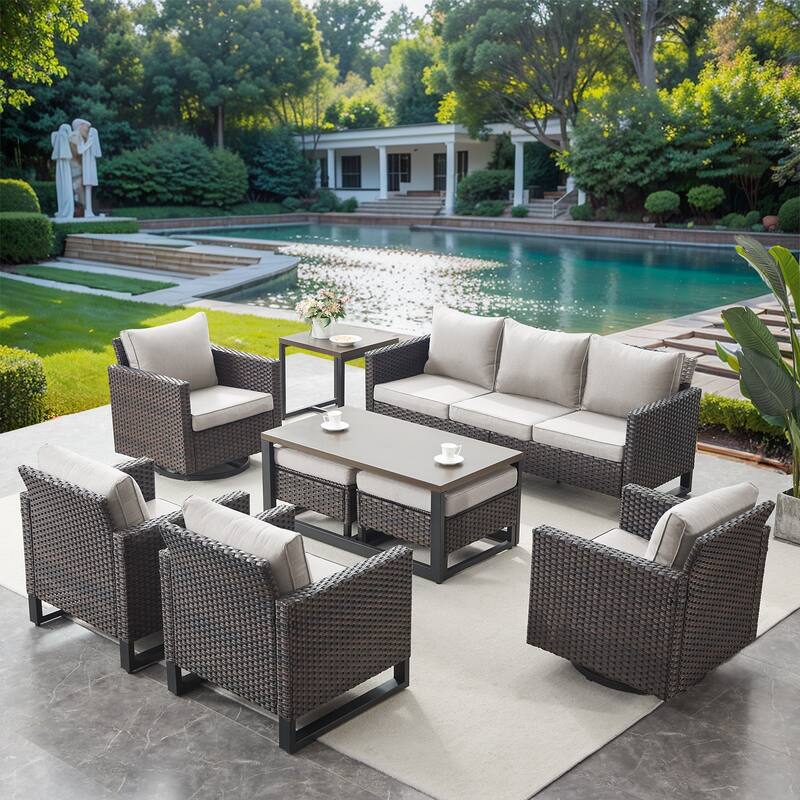Gymojoy PE Wicker Sofa Rocking Chair Ottoman Set of 9 Weather-resistance - Brown - Beige