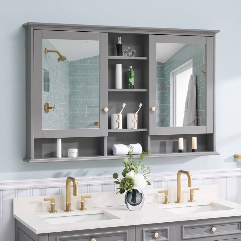 Modern Surface Mount Solid Wood Framed Medicine Cabinet With Mirror and Shelves