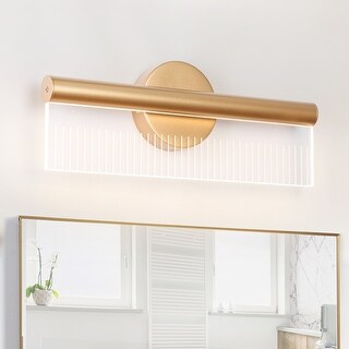 Gold Knurled Wall Sconces - 24 Inch Modern Vanity Lights With Clear Striped Glass Shades, 2-Light