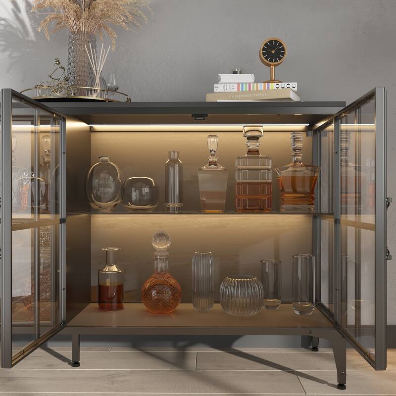 63" Black Glass Door Sideboard Cabinet with LED Lights, Metal Frame Storage Buffet Cabinet Wine Cabinet