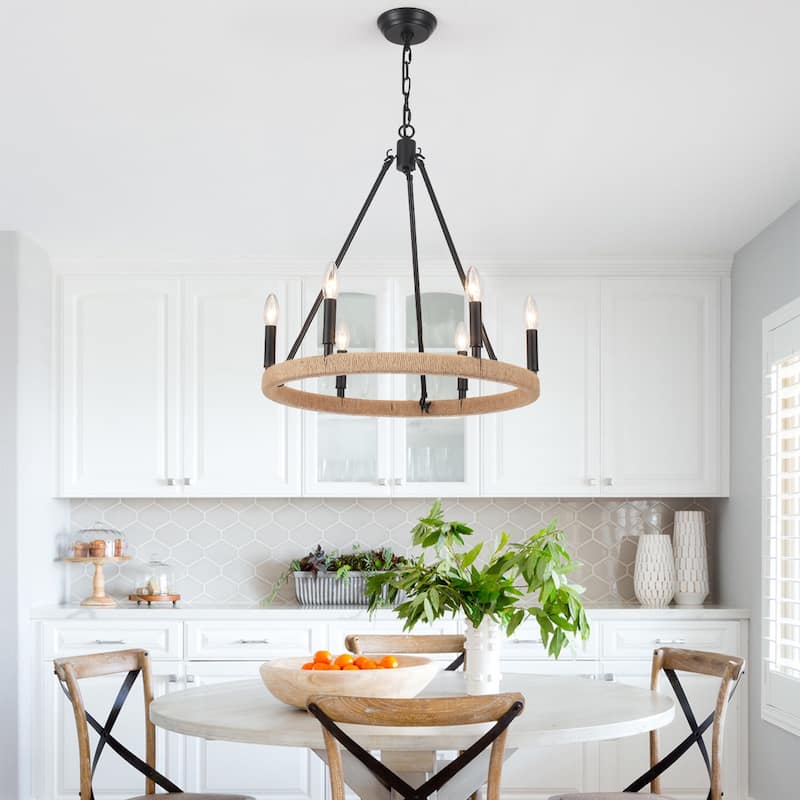 6-Light Rustic Hemp Rope Wagon Wheel Chandelier for Bedroom Foyer Entryway