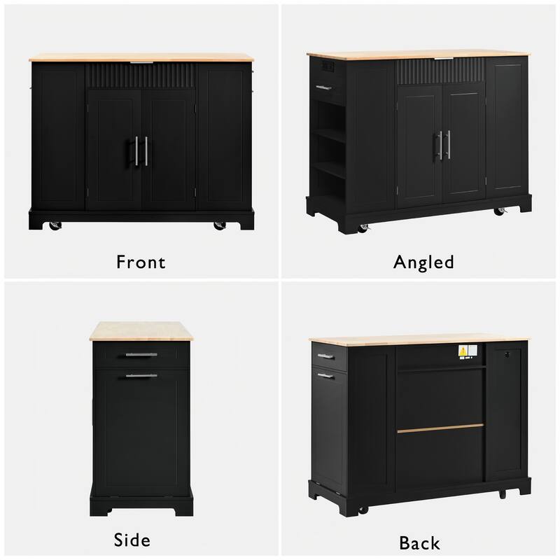 Fluted Kitchen Island with Open Side Racks & Power Outlet, Rolling Storage Cabinet w/Trash Can Storage, Drawers for Living Room