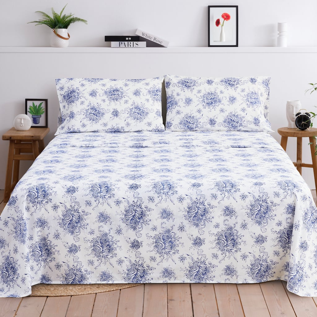 Floral Etching Cotton Sheet Set Navy Blue