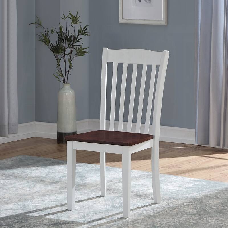 Set of 2 Side Chairs woth Slatted Back, White and Walnut