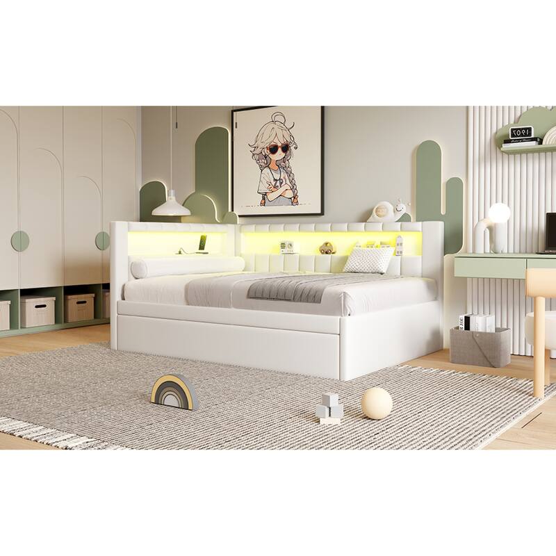 Roomfitters Full Size Upholstered Platform Bed with USB Ports, LED Light Belt and Twin Trundle, Modern Sleeper Bed, White