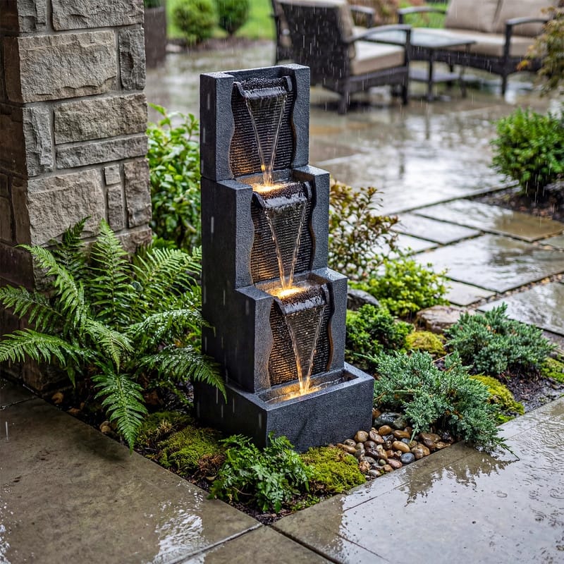 3 Tier Stone Look Lighted Water Fountain Modern Stacked Patio Decor