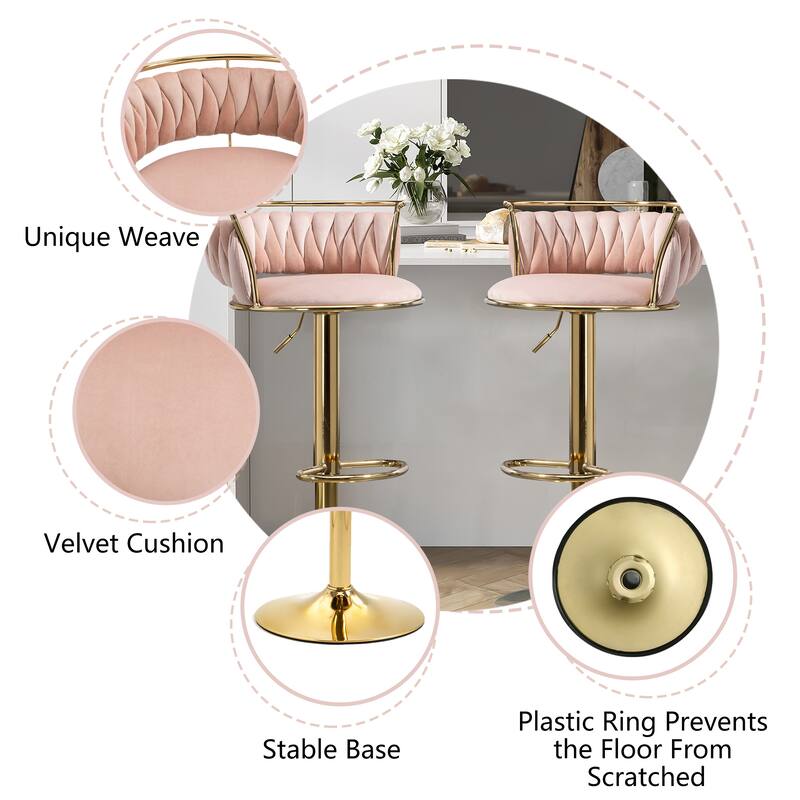 Modern Velvet Adjustable Swivel Bar Stools Set of 2
