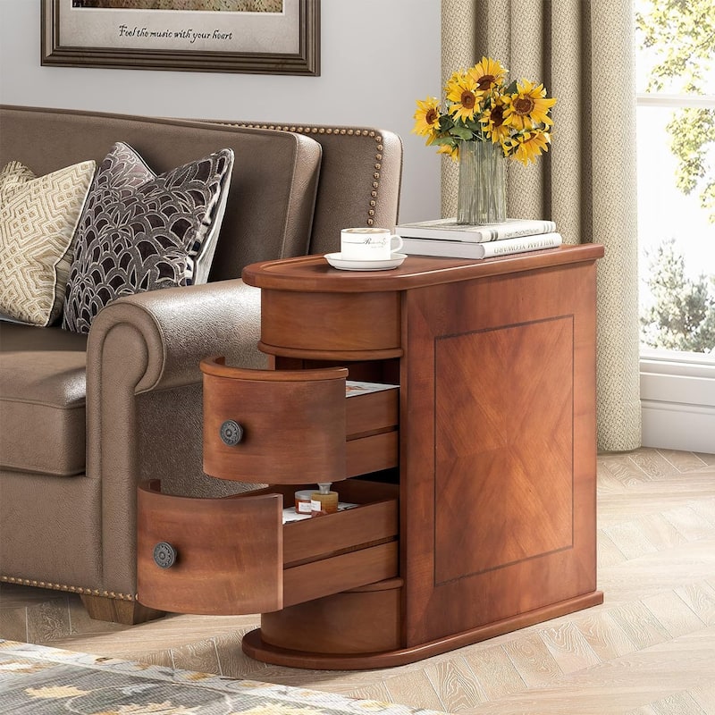 Solid Wood End Table, Two-Drawer Narrow Side Table, Fully Assembled - 1 PCS-2 Drawers - Vintage Brown