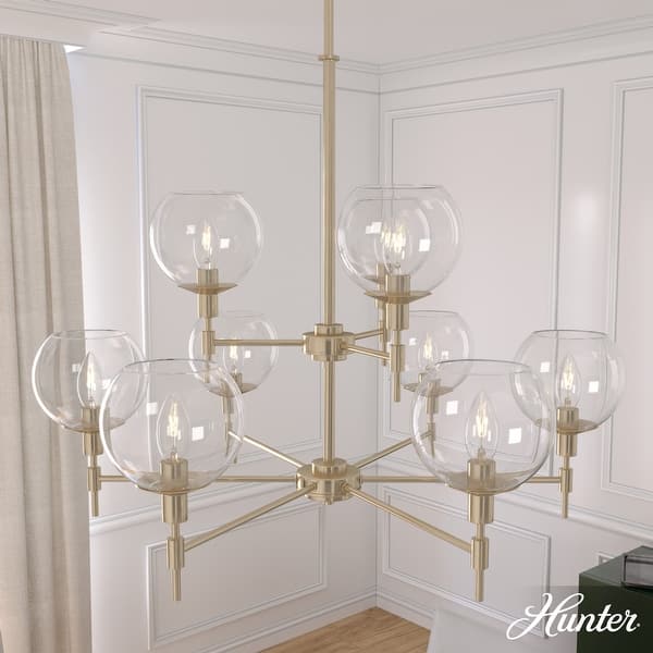 slide 2 of 14, Hunter Xidane Metal and Glass Orb Chandelier - Entry, Kitchen or Dining Room Table, Bedroom - Mid-Century Modern, Transitional 9- Light - Alturas  Gold