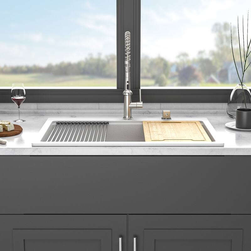 33" x 22" Drop-In Single Bowl Kitchen Sink with Grid, Roll-Up Rack & Bamboo Cutting Board, White Composite Granite