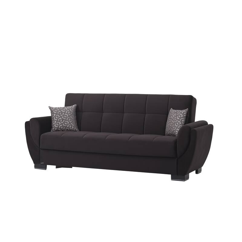 HomeRoots 93" Black Microfiber Convertible Futon Sleeper Sofa And Toss Pillows With Storage