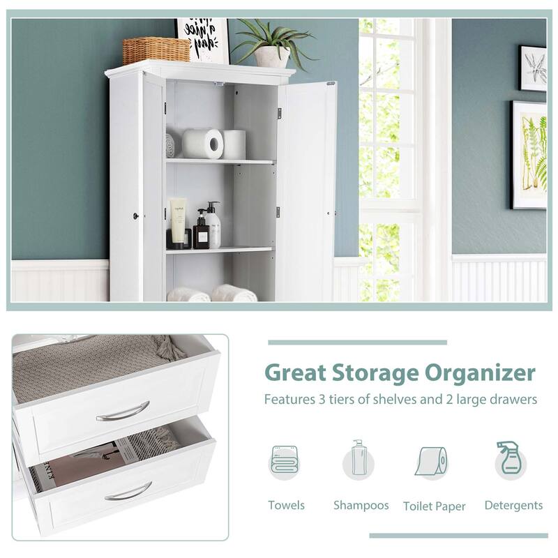 Costway 62'' Tall Bathroom Freestanding Floor Storage Cabinet with 2 - 24'' x 16'' x 62'' (L x W x H)