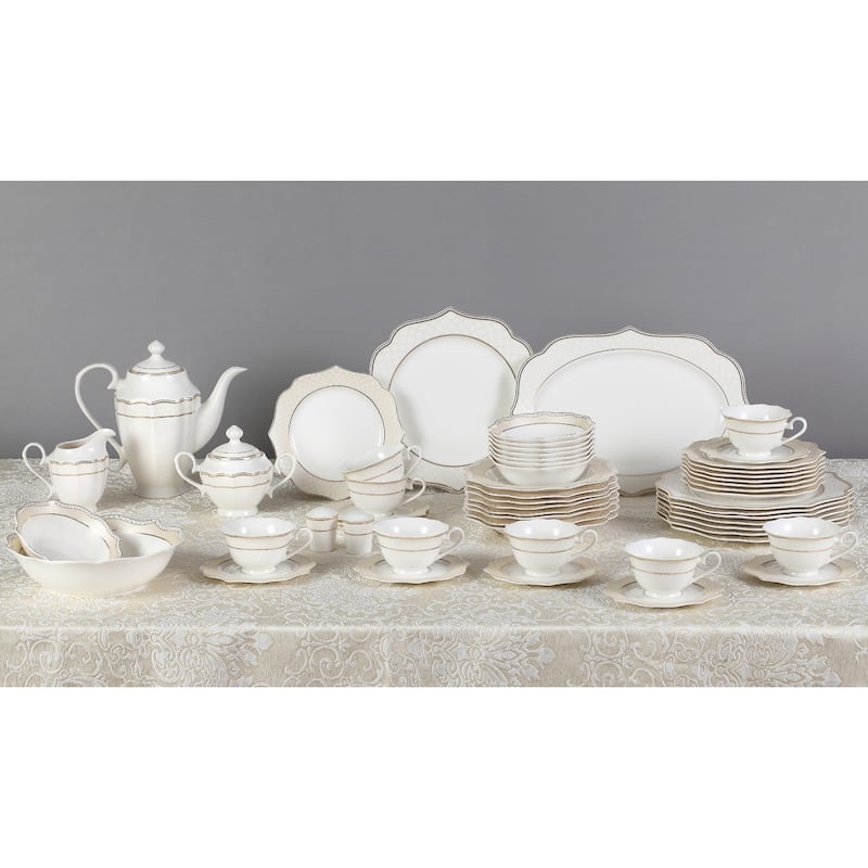 Lorren Home Trends 57 Piece Wavy Gold Mix and Match Bone China Service for 8