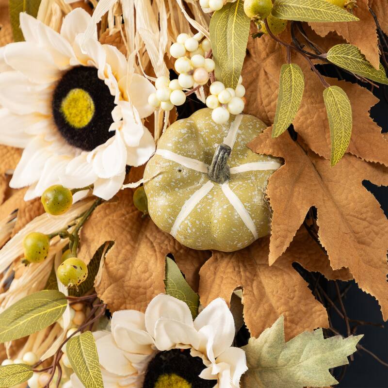 Glitzhome 26"H Fall Sunflower Pumpkin Lotus Leaf Teardrop Swag for Thanksgiving