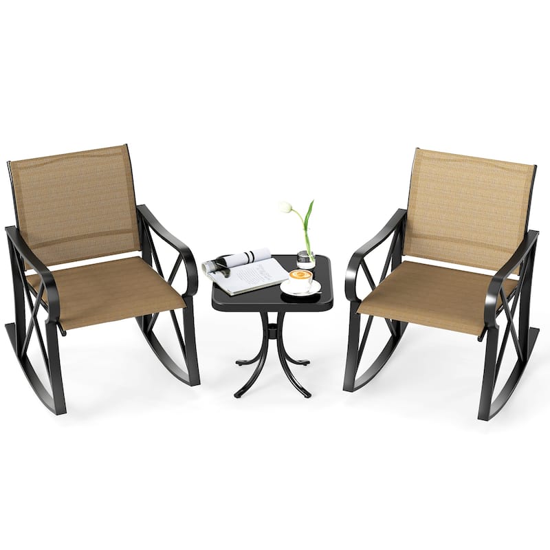 Gymax 3 Piece Patio Rocking Set 2 Rocking Chairs w/ Tempered Glass - Brown