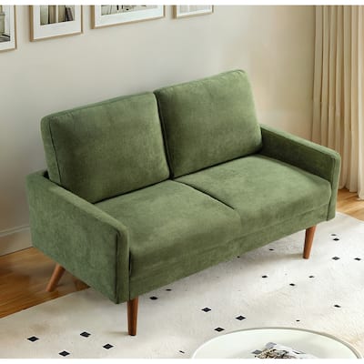 Velvet Upholstered Loveseat Sofa, Small Loveseat Sofa Couch with Rubber Wood Legs, 2 Seater Couch with Throw Pillow