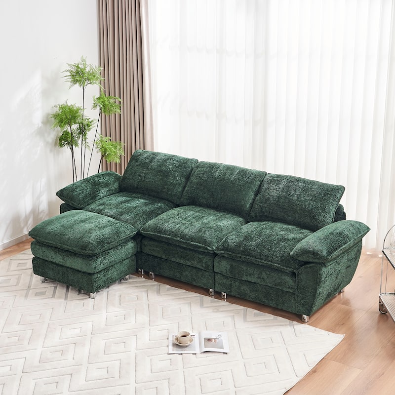 Modern Polyester Deep 3-Seater Sofa Couch with Ottoman