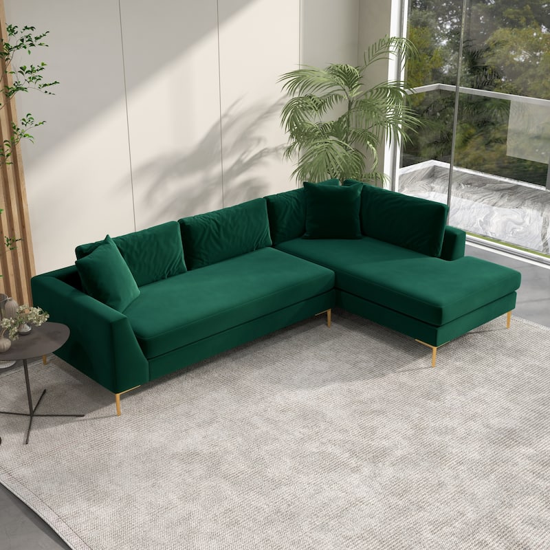 Mae Mid Century Modern Velvet Corner Sectional Sofa - Green - Right Facing