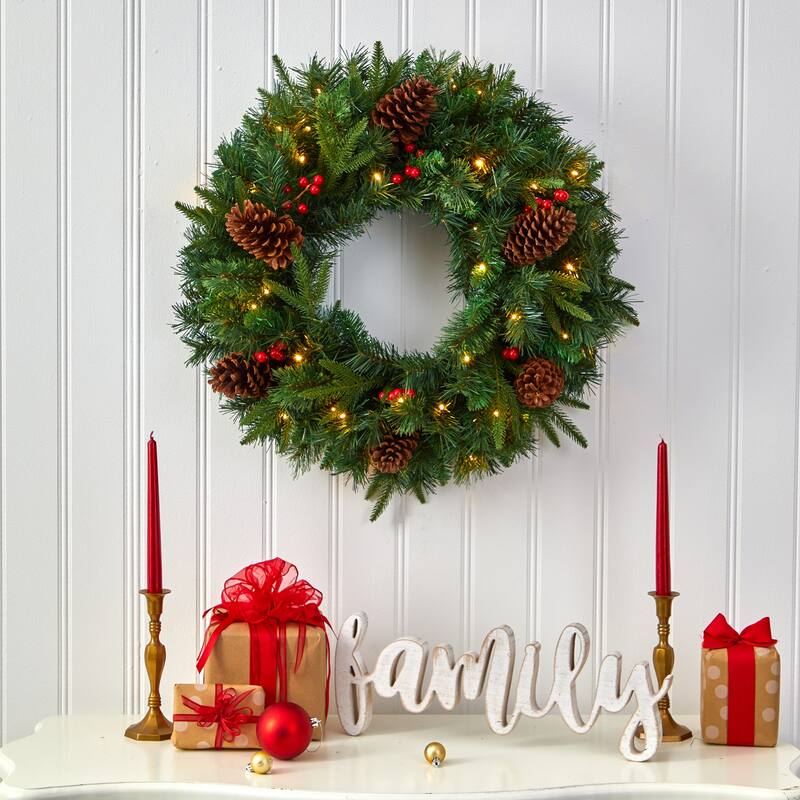 Pre-Lit Mixed Pine Artificial Christmas Wreath, 24-Inch, Clear LED Lights