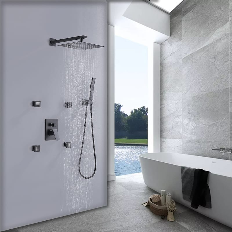 Pressure Balanced Rain Shower System Wall Mount Rain Shower Head With 4 Body Sprays And Handheld Shower Combo Set