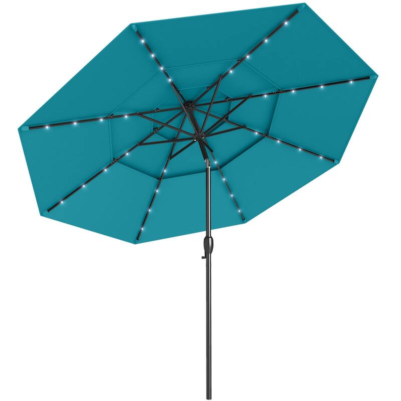 Polyester 10.3ft Solar LED Patio Umbrella with Auto Tilt and Crank - Blue