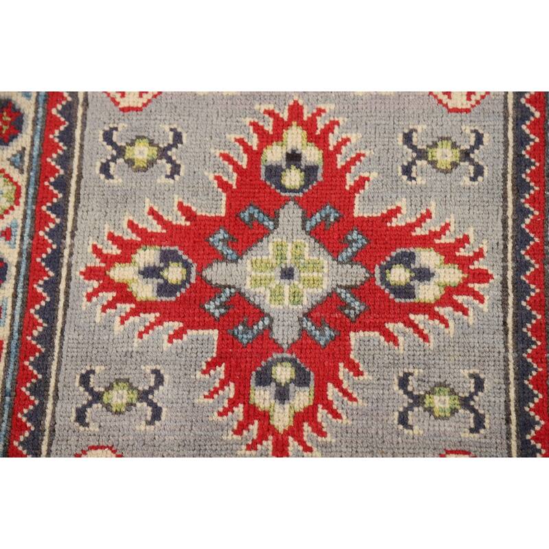 Geometric Kazak Oriental Accent Rug Grey Hand-Knotted Wool Carpet - 2'0" x 3'0"